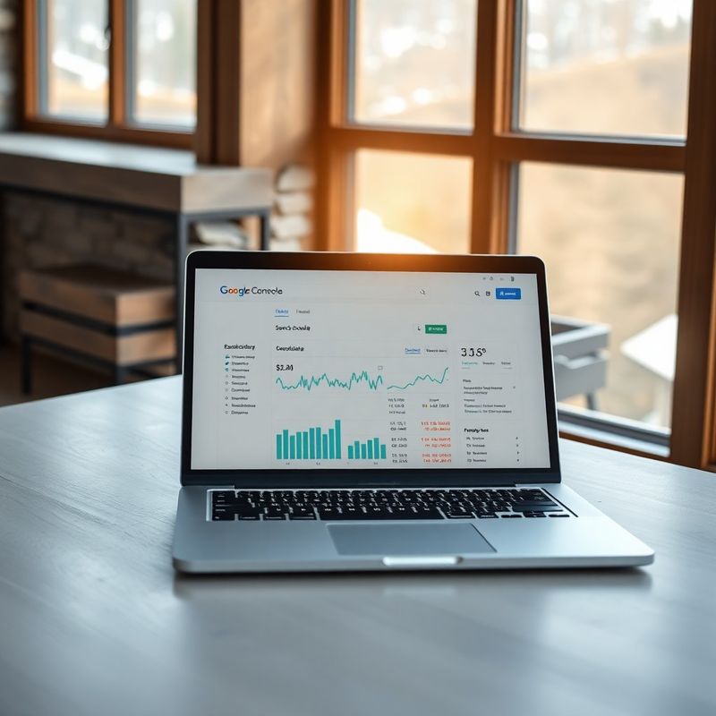 Nadzorna plošča Google Search Console na prenosniku v svetli pisarni v Kranju